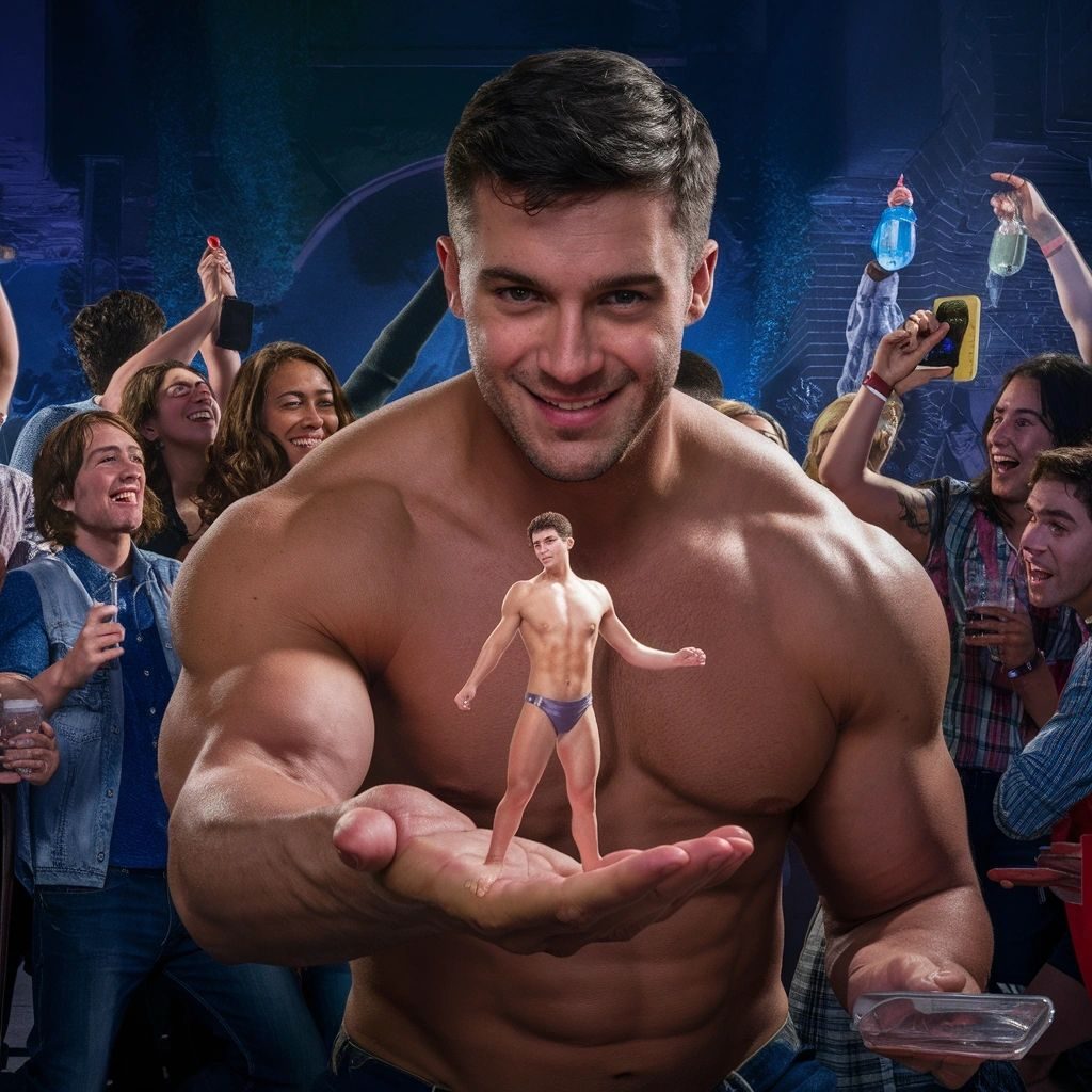 A shirtless giant at a party holding a tiny man in briefs on his palm as the crowd cheers