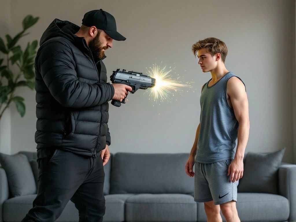 A man in a puffer jacket aiming a ray gun at a man in a vest and shorts in a living room