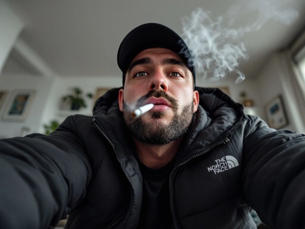 Low-angle view of a bearded man in a cap and puffer jacket smoking and looking down