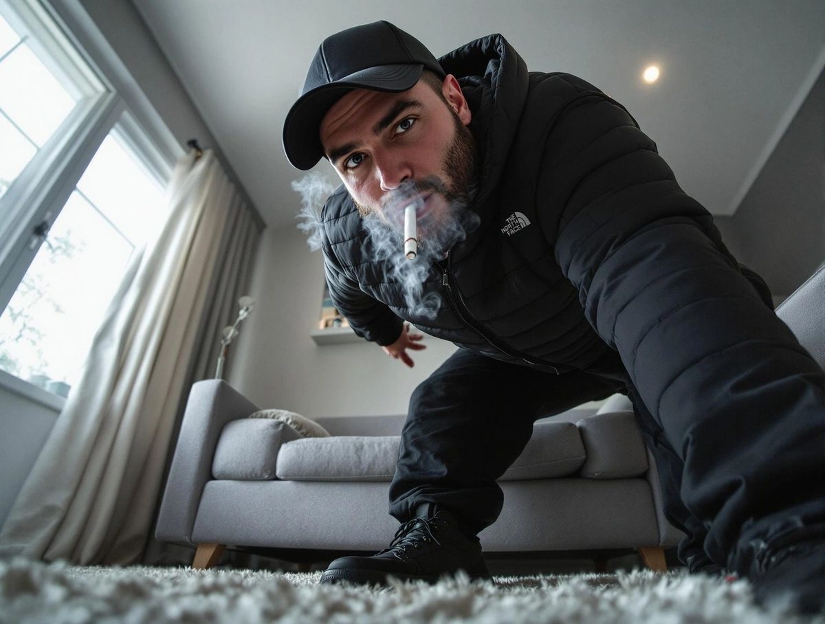 A man in a cap and puffer jacket crouching and blowing smoke down at the viewer