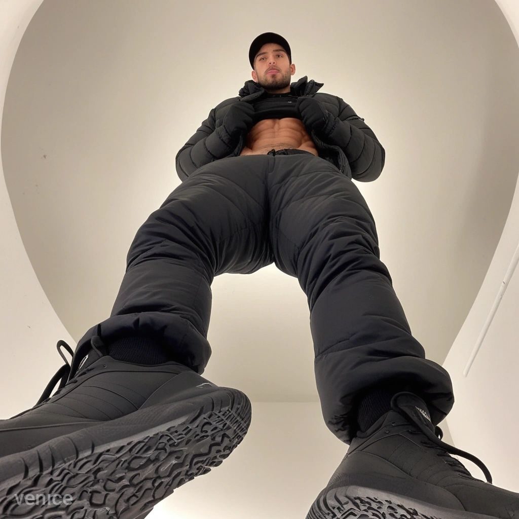 Floor-level view of a giant man in a black puffer jacket and trousers standing over the viewer