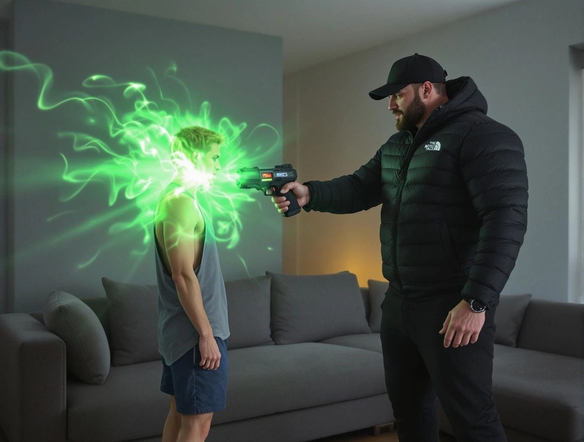 A man in a puffer jacket and cap zapping another man with a green shrink ray in a living room