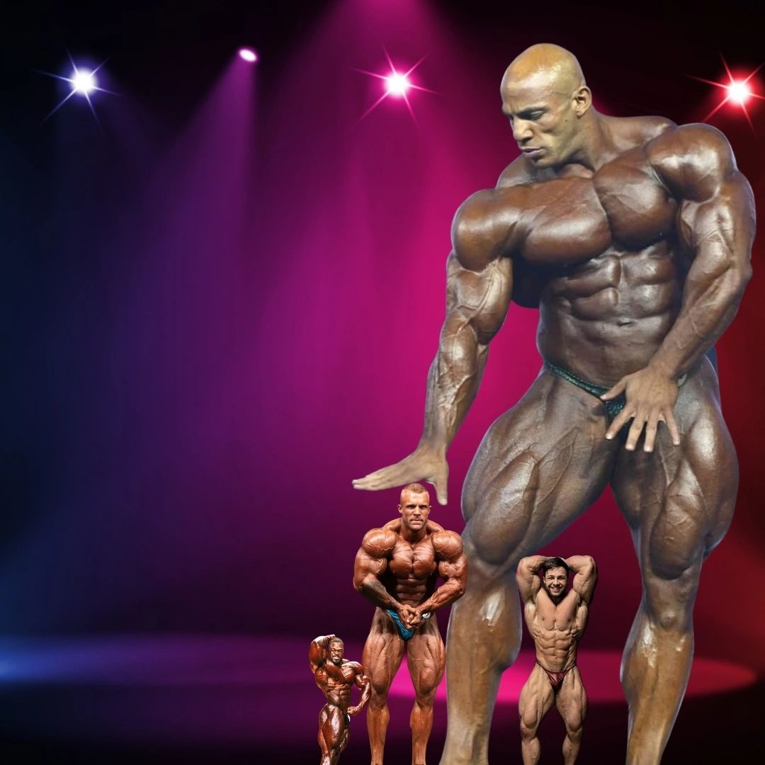 A giant bodybuilder in posing trunks on stage looming over tiny bodybuilders