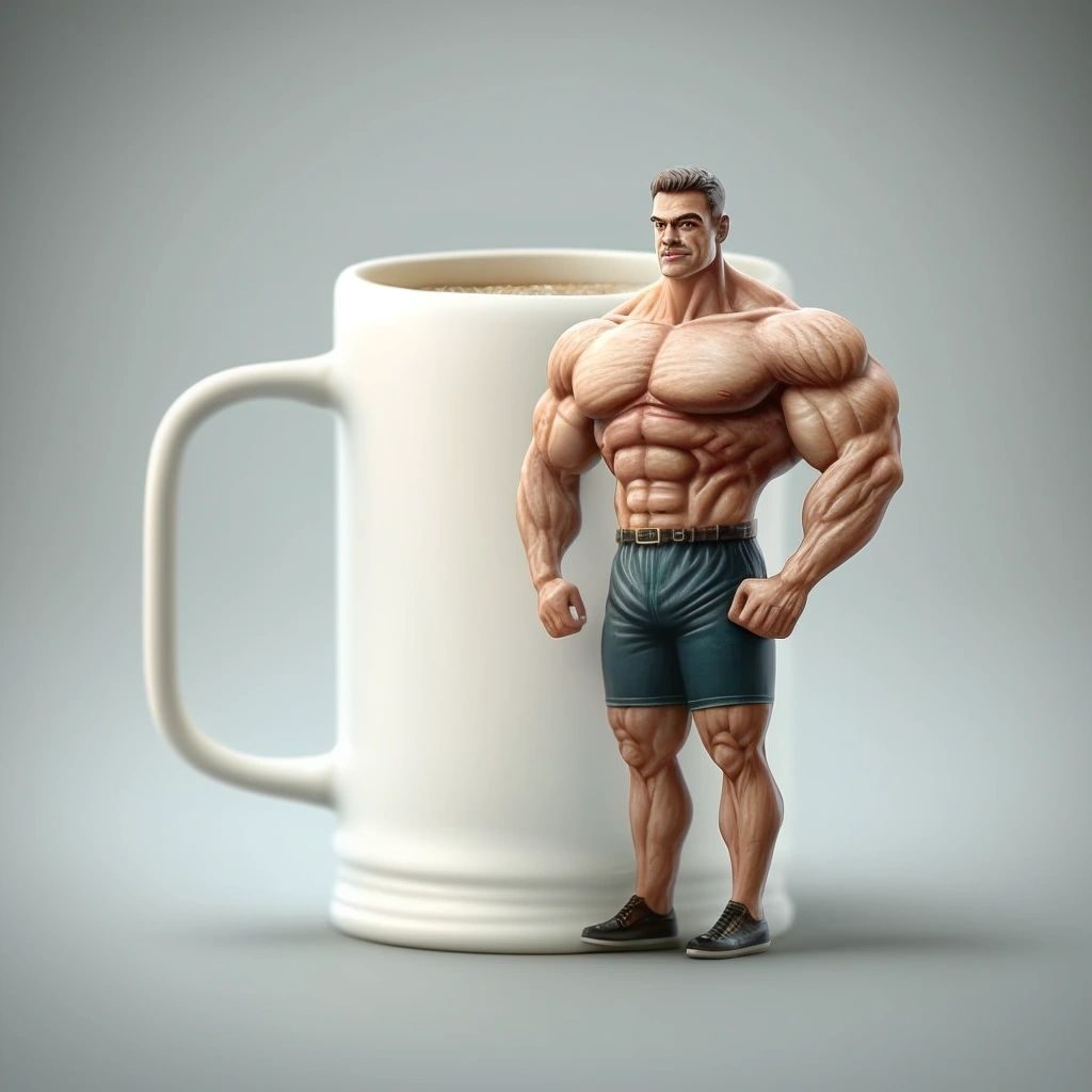 A tiny bodybuilder in shorts standing beside a giant coffee mug