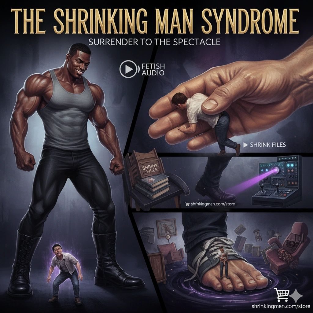 Shrinking Man Syndrome promo: a giant muscleman in a vest, and a tiny man pinched by giant fingers