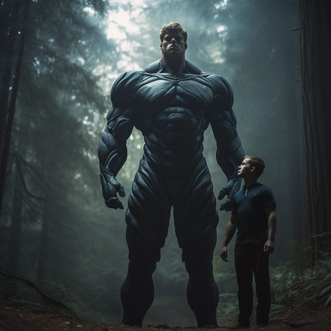 A giant armoured muscular figure facing a normal-sized man in a misty forest