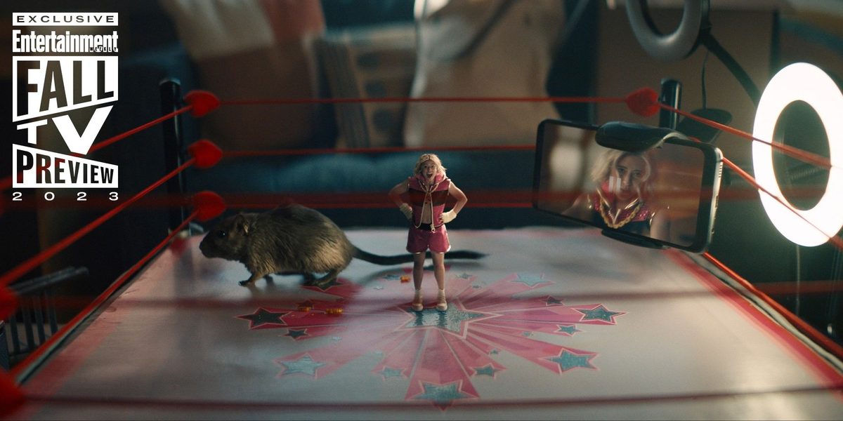 Entertainment Weekly Fall TV Preview still: a tiny person in a toy wrestling ring beside a rat