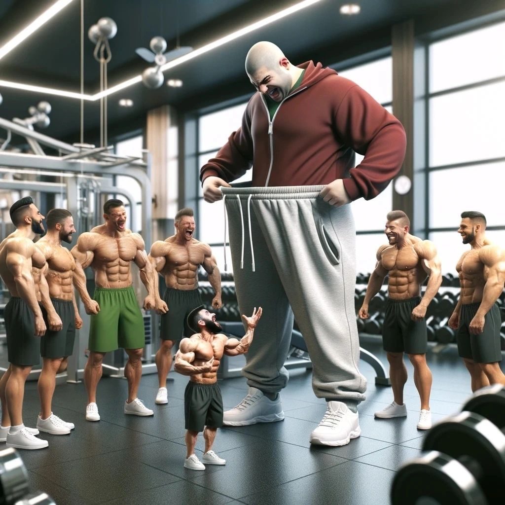 A giant in a hoodie holding out his baggy joggers in a gym as musclemen laugh and a tiny man looks up