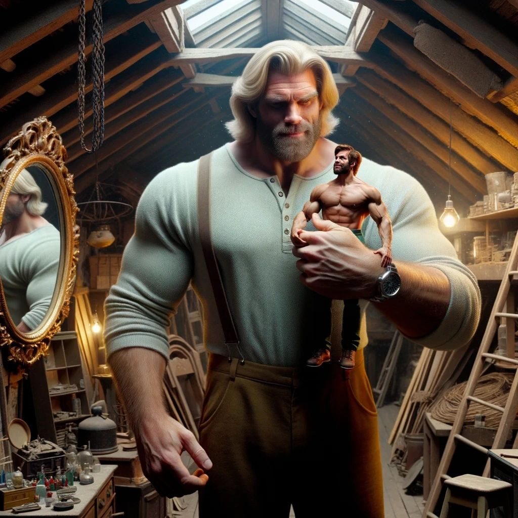 A giant bearded man in a workshop holding a tiny shirtless man in his hand