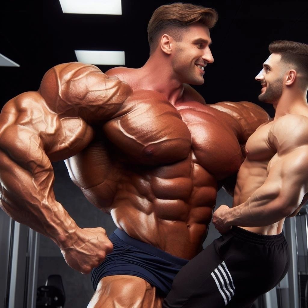 A giant bodybuilder flexing chest to chest with a smaller shirtless man in a gym