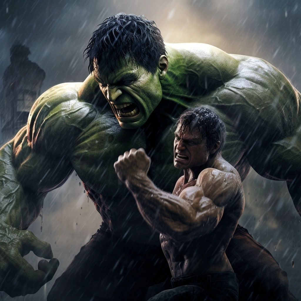 A green Hulk-like giant grabbing a man in the rain