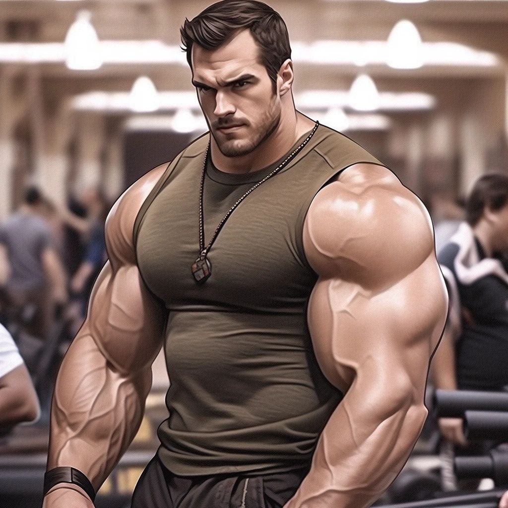 Illustration of a muscular man in a khaki vest in a gym