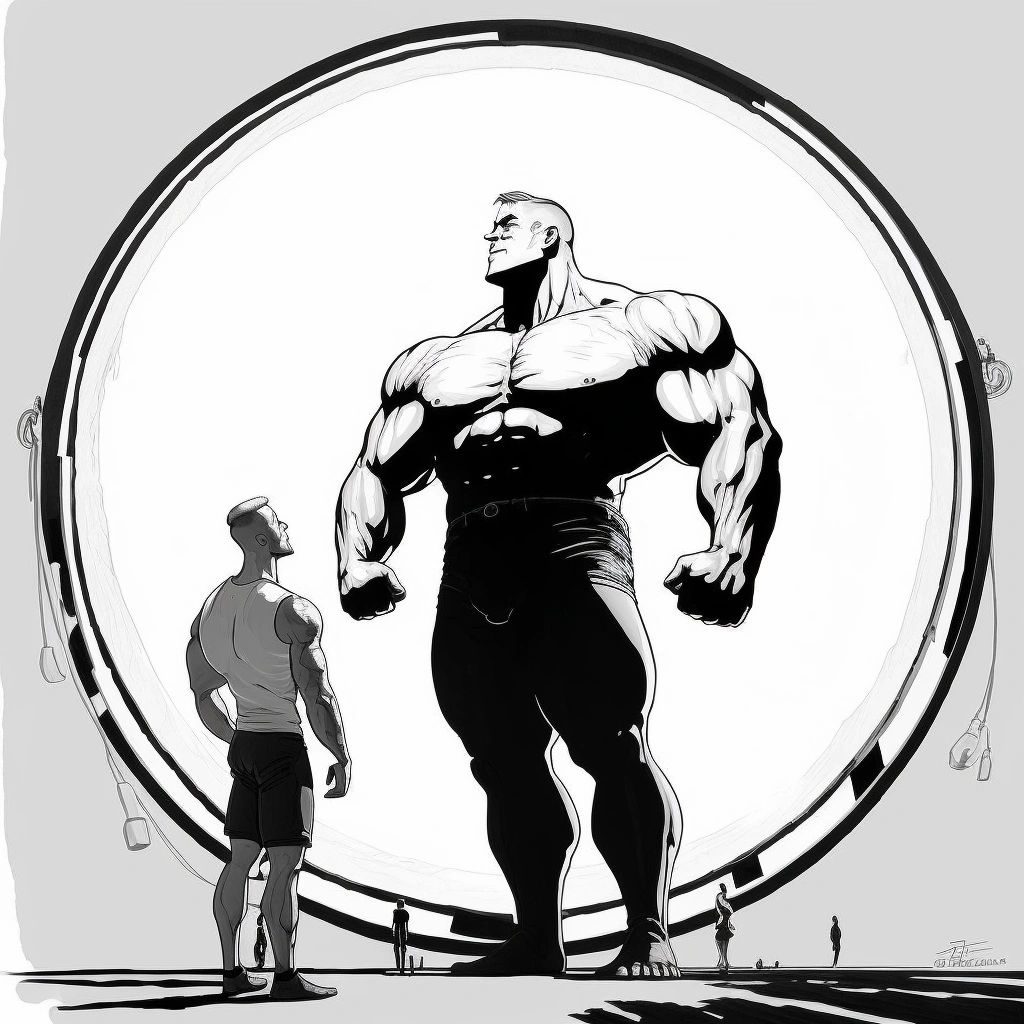 Black and white drawing of a giant bodybuilder facing a much smaller man inside a circle