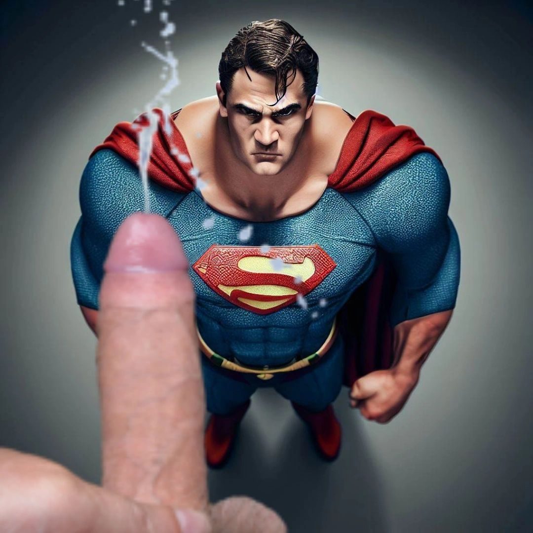 Explicit size-play art of a man in a Superman costume seen from above