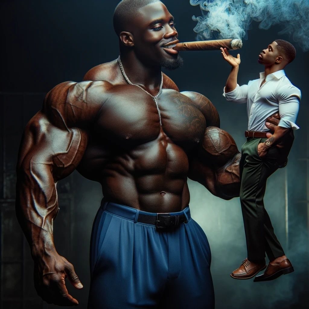 A giant muscular man smoking a cigar, holding a smaller man in a shirt up beside his head