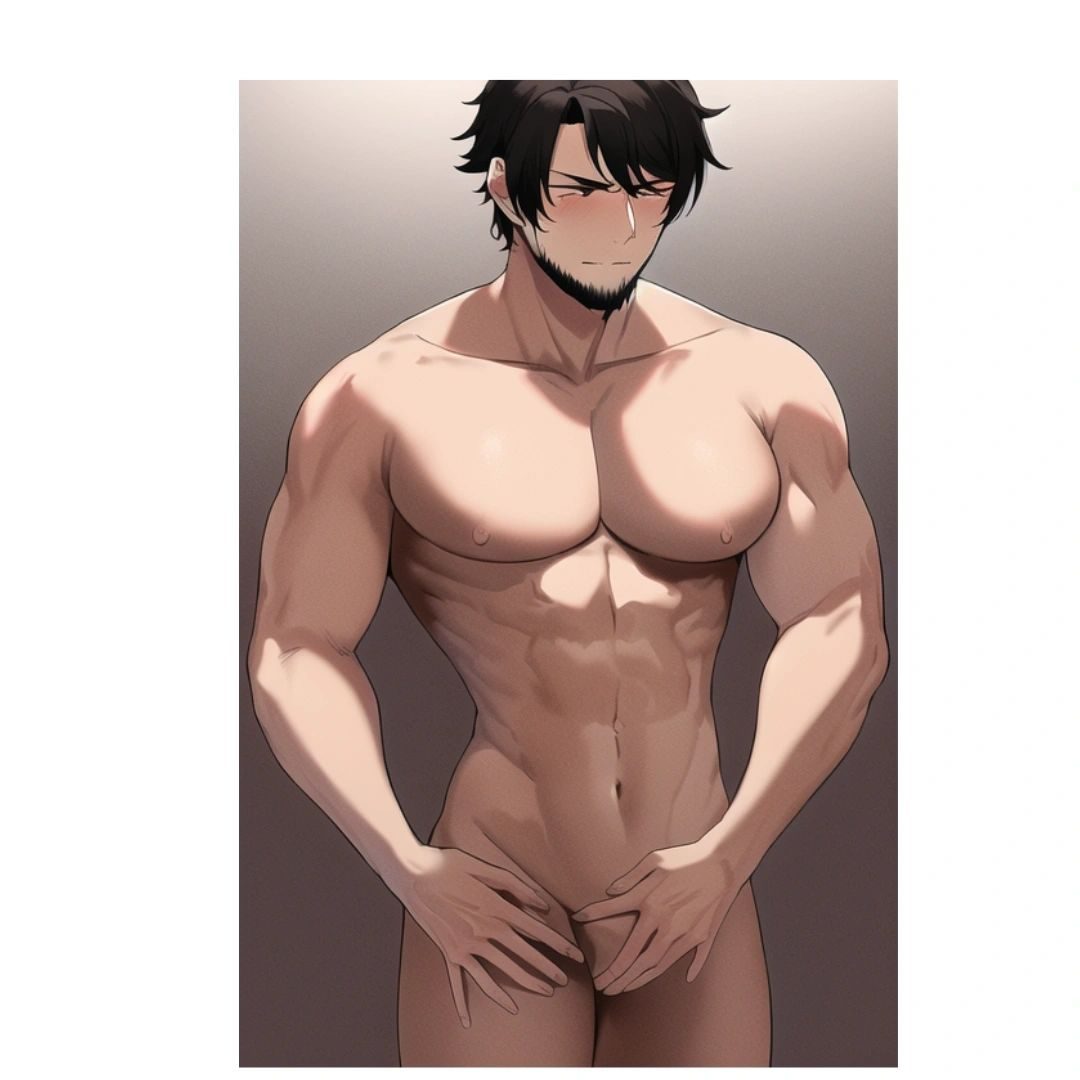 Anime-style naked muscular man covering his groin with his hands