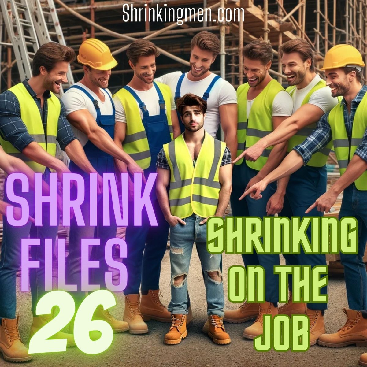 Cover of Shrink Files 26: Shrinking on the Job, builders in hi-vis pointing at a shrunken man