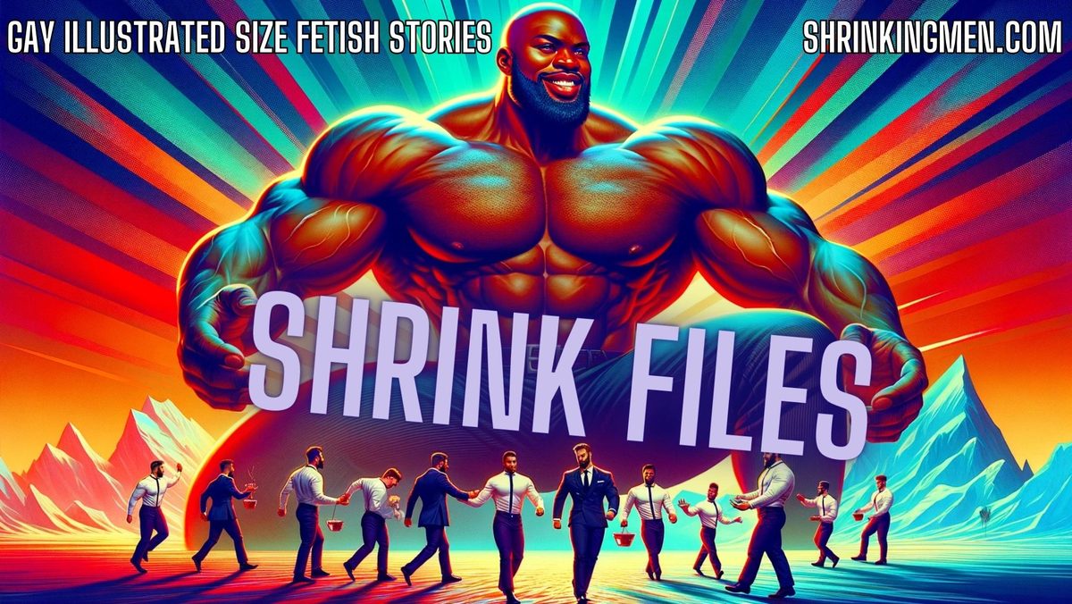 Shrink Files banner: a giant muscleman towering over a line of tiny men in suits before mountains