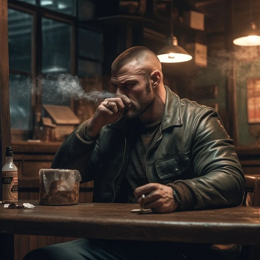 A muscular man in a leather jacket smoking at a table in a dim bar