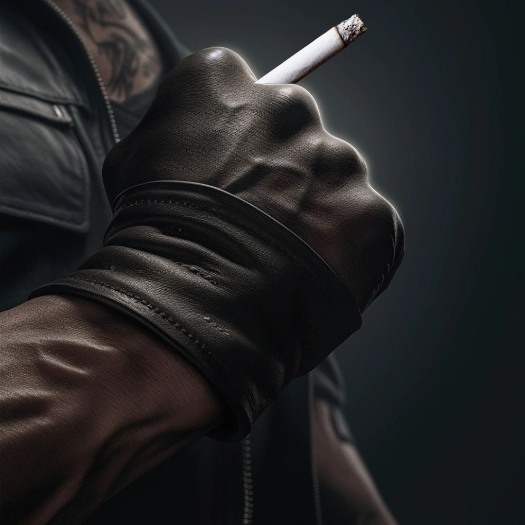Close-up of a black leather-gloved hand holding a cigarette