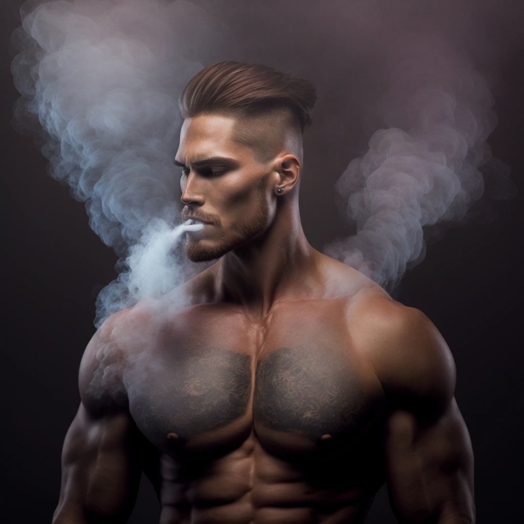 A shirtless muscular man exhaling smoke against a dark background