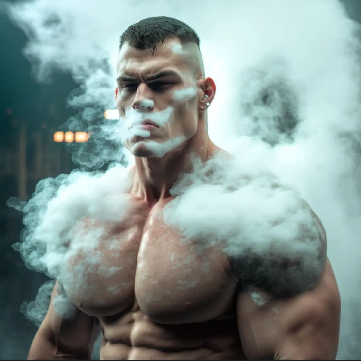 A shirtless bodybuilder engulfed in billowing smoke