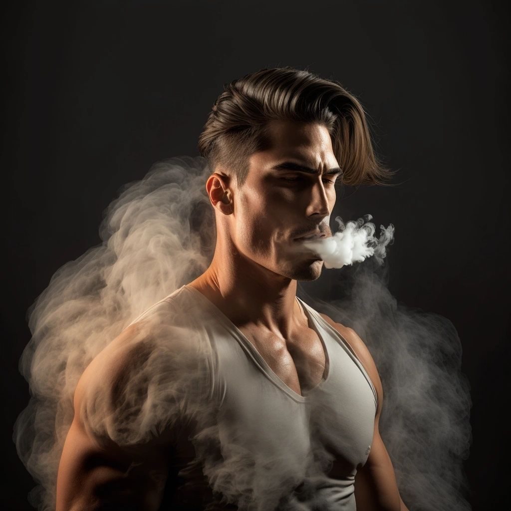 A muscular man in a white vest exhaling a cloud of smoke