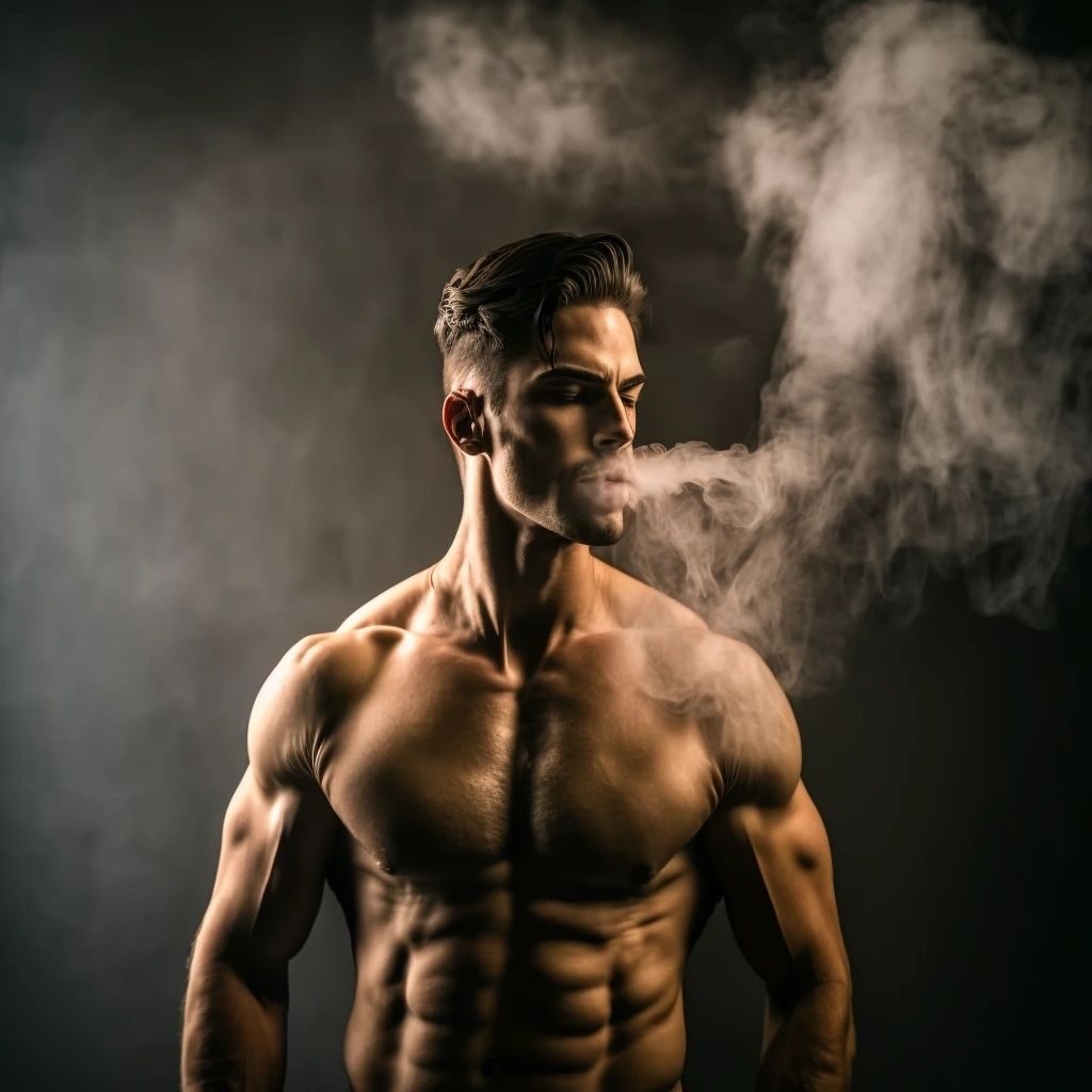 A shirtless muscular man blowing smoke in a dark studio