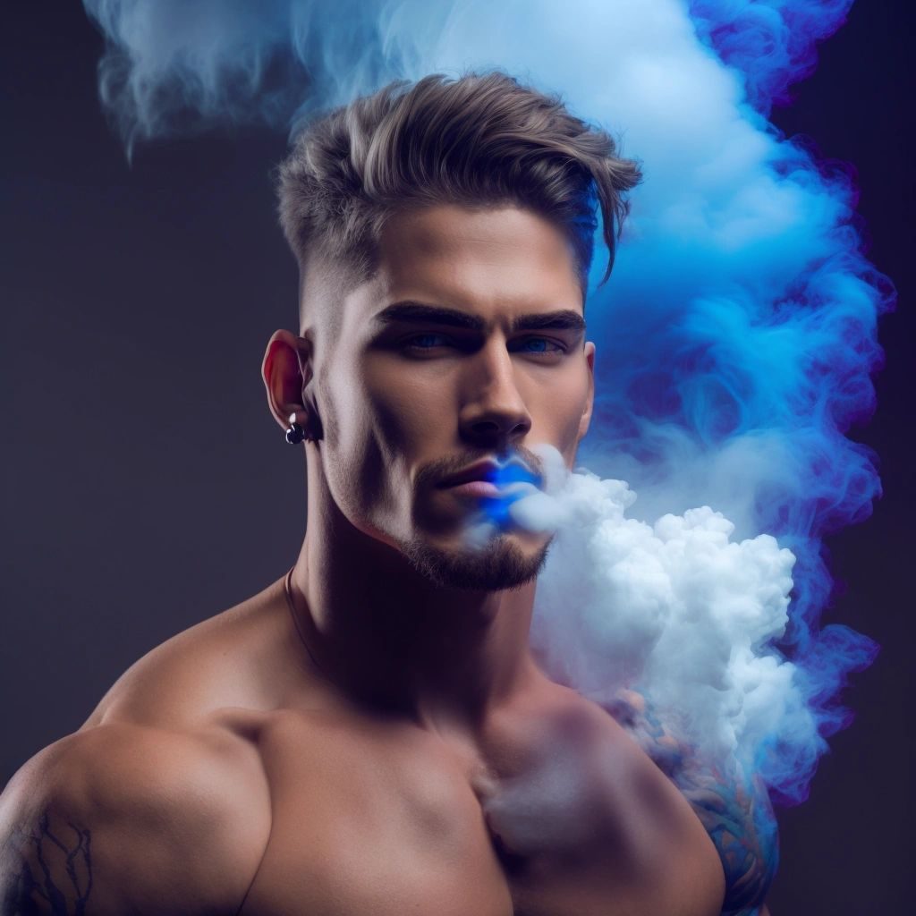 A shirtless man exhaling blue-lit vape smoke