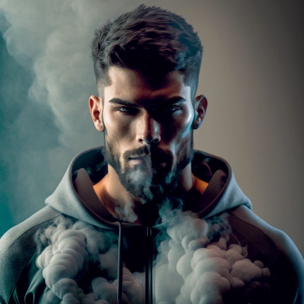A bearded man in a hoodie exhaling a cloud of smoke