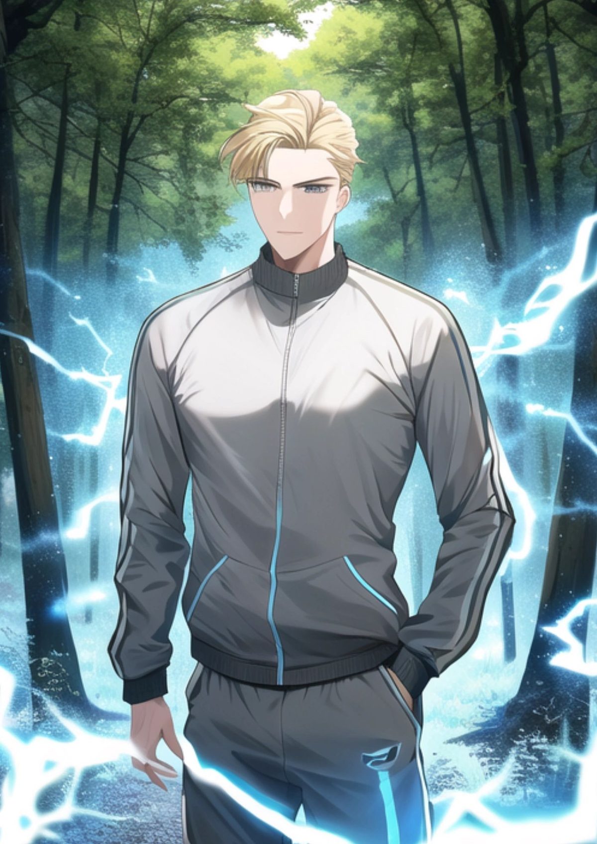 Anime-style blond man in a grey tracksuit surrounded by blue lightning in a forest