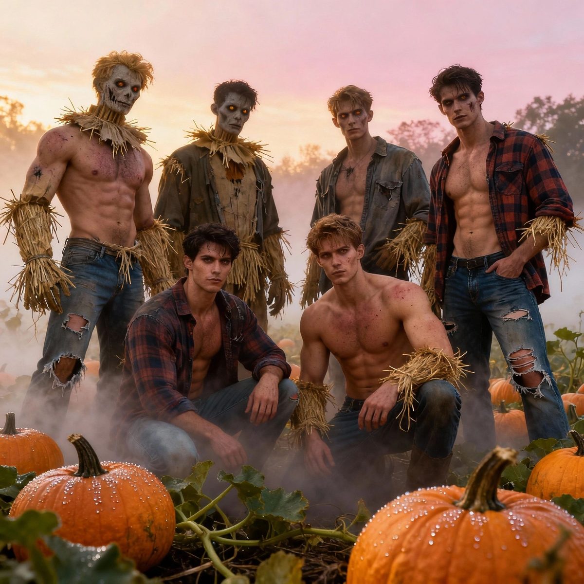Shirtless men and scarecrows gathered in a misty pumpkin patch