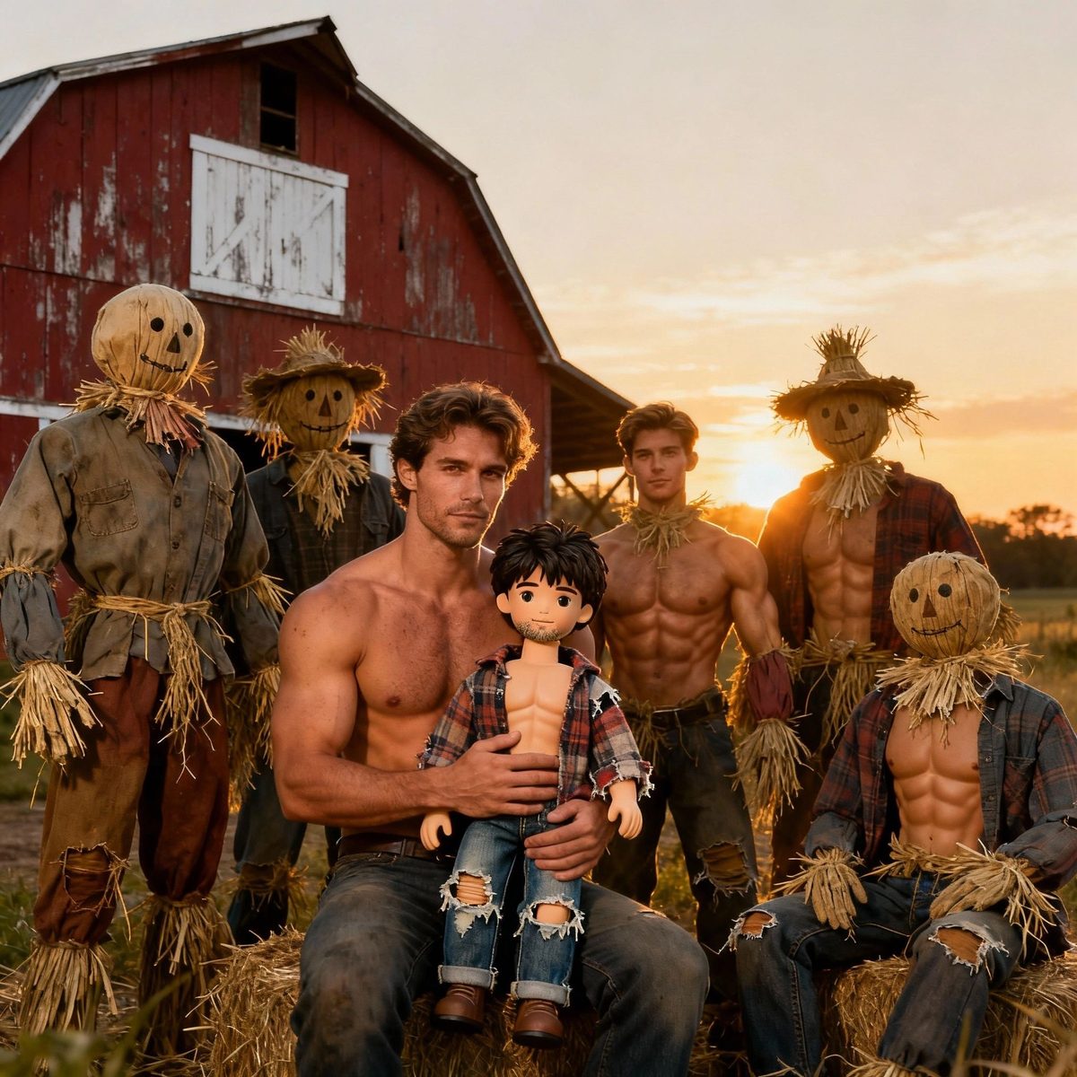 A shirtless farmer on hay bales holding a doll-sized man, surrounded by scarecrows at sunset