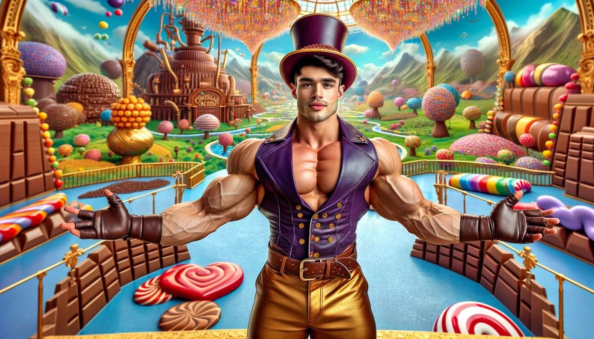 A muscular chocolatier in a top hat and purple waistcoat in a sweet-filled candy land