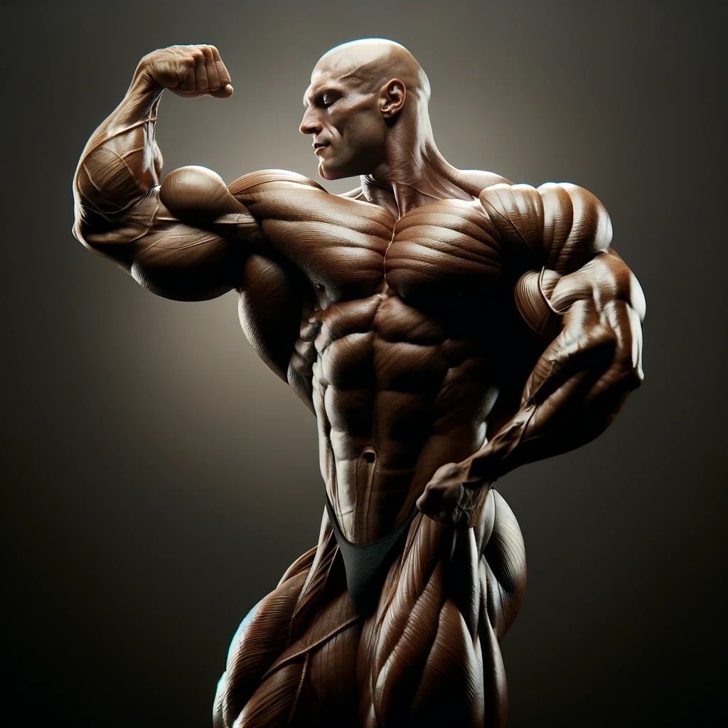 A hyper-muscular bald bodybuilder flexing his biceps in skimpy posing trunks against a dark backdrop