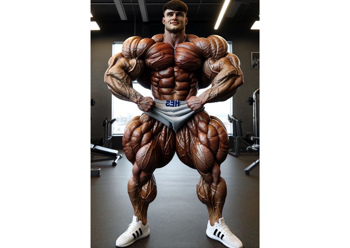 A hyper-muscular bodybuilder in a gym tugging at the waistband of his white underwear