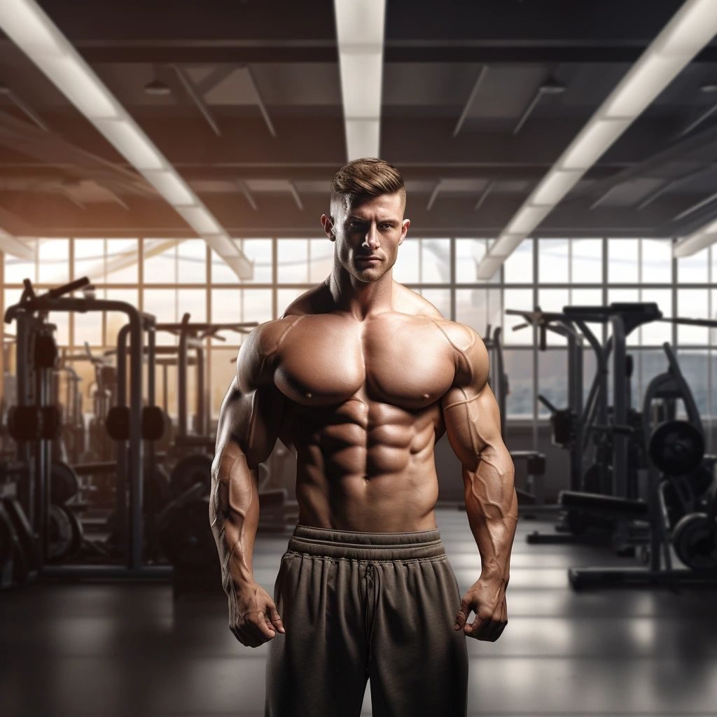 A shirtless muscular man in grey joggers standing in an empty gym