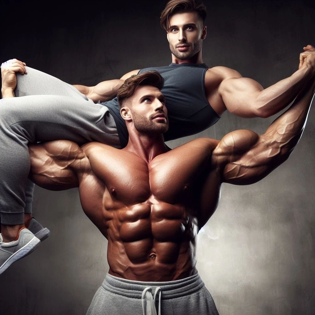 A muscular man in a gym carrying another man across his shoulders