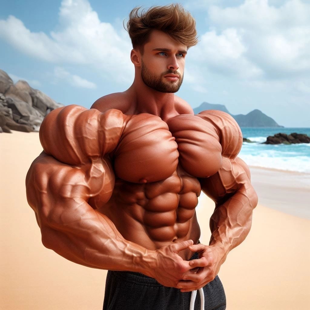 A giant shirtless bodybuilder with enormous pecs standing on a sunny beach