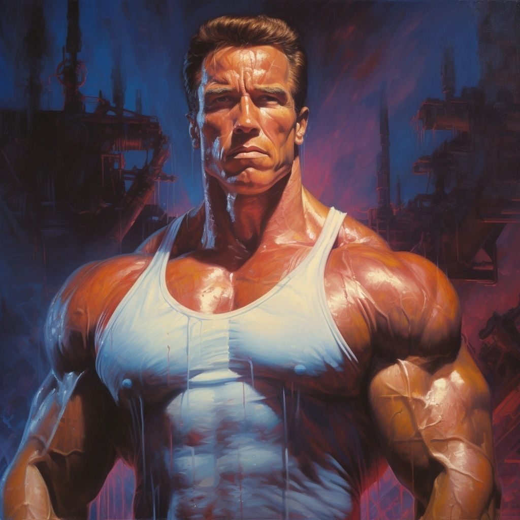 Painting of a hyper-muscular action hero in a white vest against a ruined city