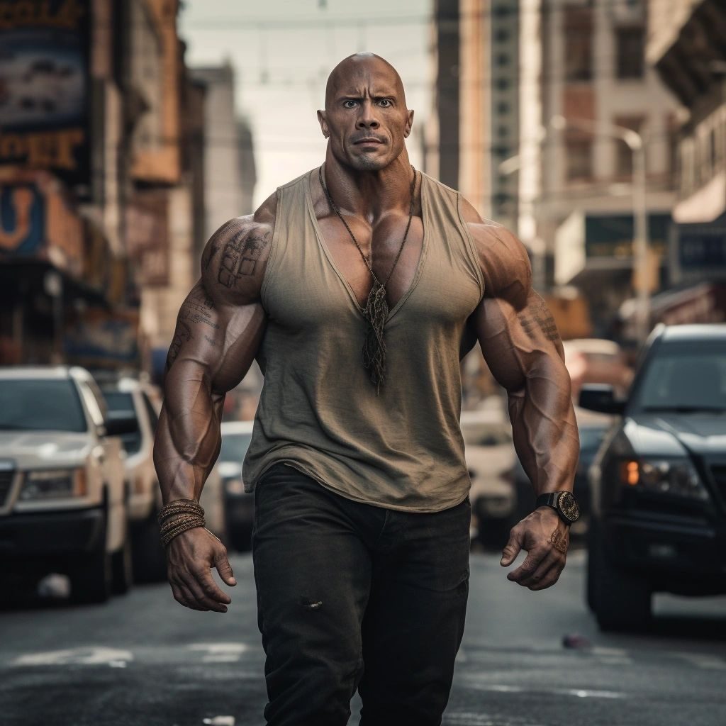 A huge bald muscleman in a vest striding down a busy city street