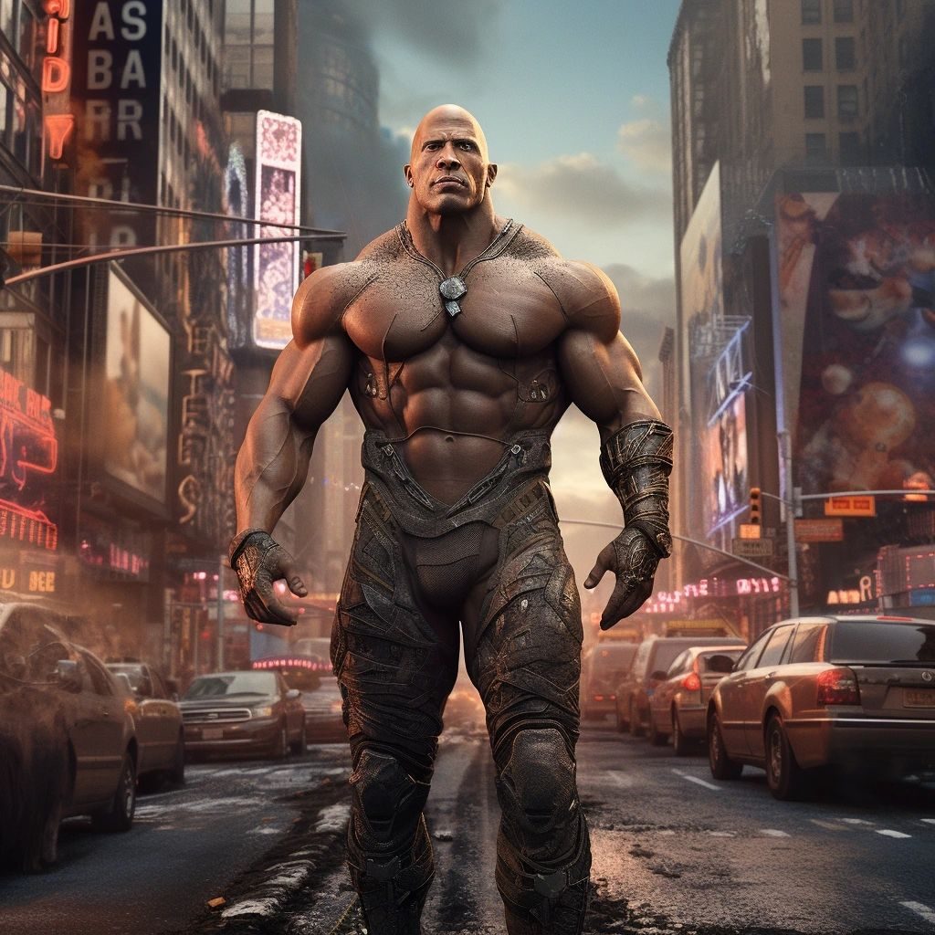 A giant bald muscleman in armoured trousers walking through a neon-lit city street