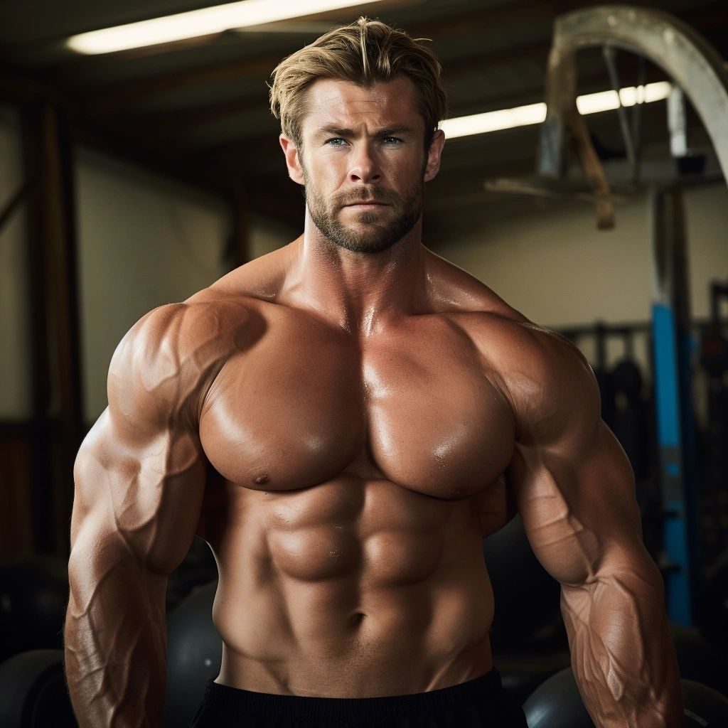 A shirtless muscular bearded man standing in a gym
