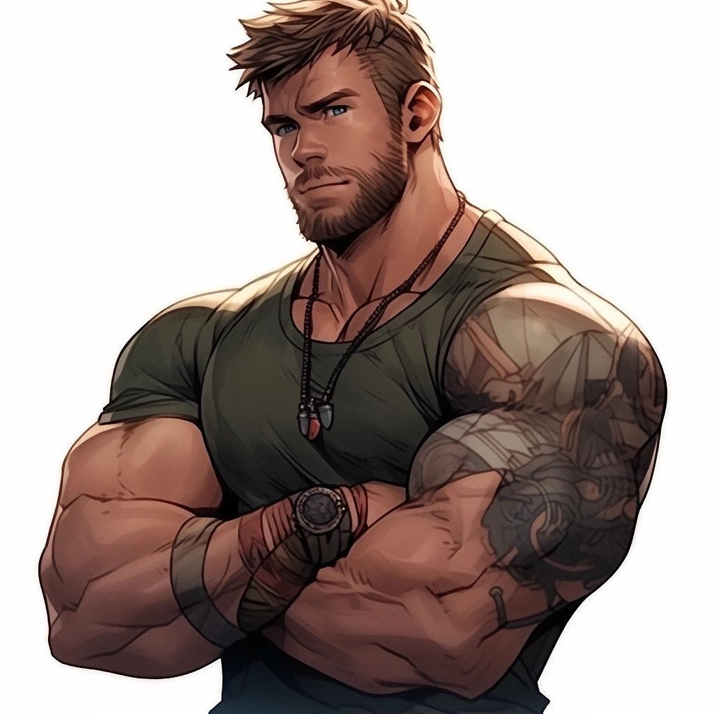 Cartoon of a bearded muscular man in a green vest with his arms folded