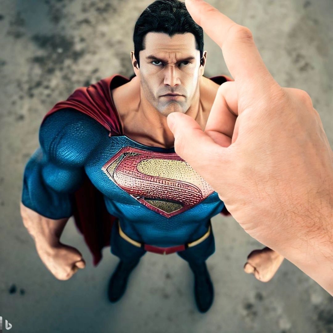 A tiny Superman-style hero on the ground being prodded by a giant finger