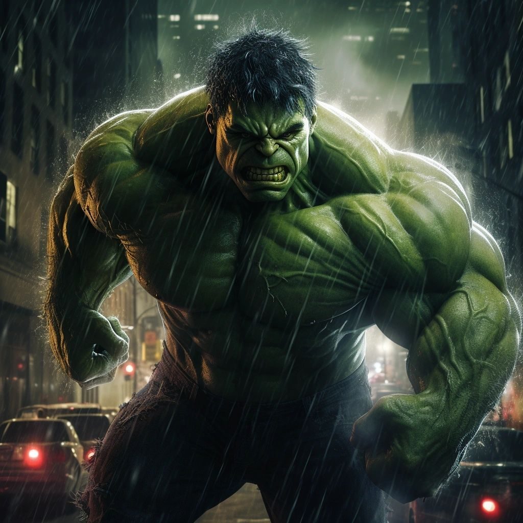 A giant green Hulk-like monster roaring in a rainy city street