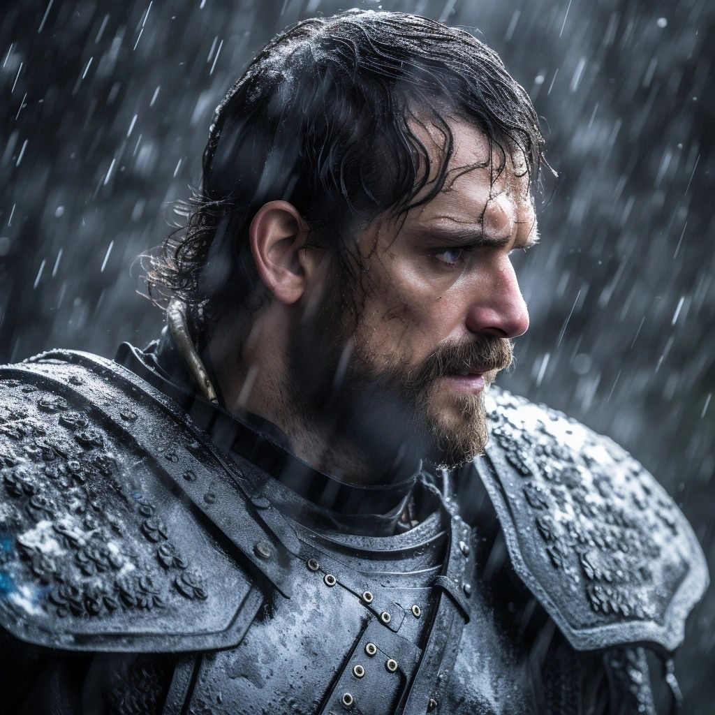 A rugged bearded warrior in armour standing in the rain