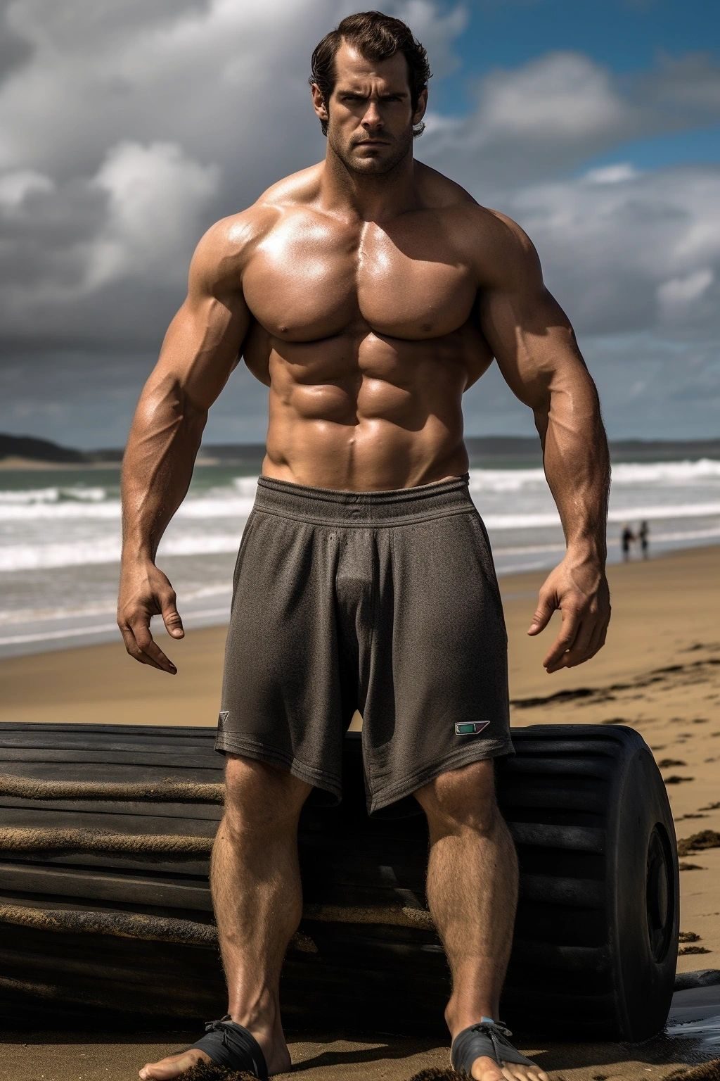 A shirtless muscular man in shorts standing on a beach beside a log