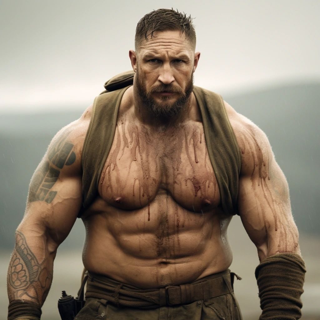 A bearded muscleman in an open vest, his chest scarred, standing in mist