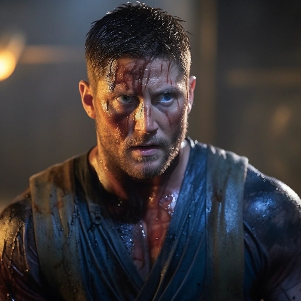 A battered muscular man with cuts on his face in a dark blue top